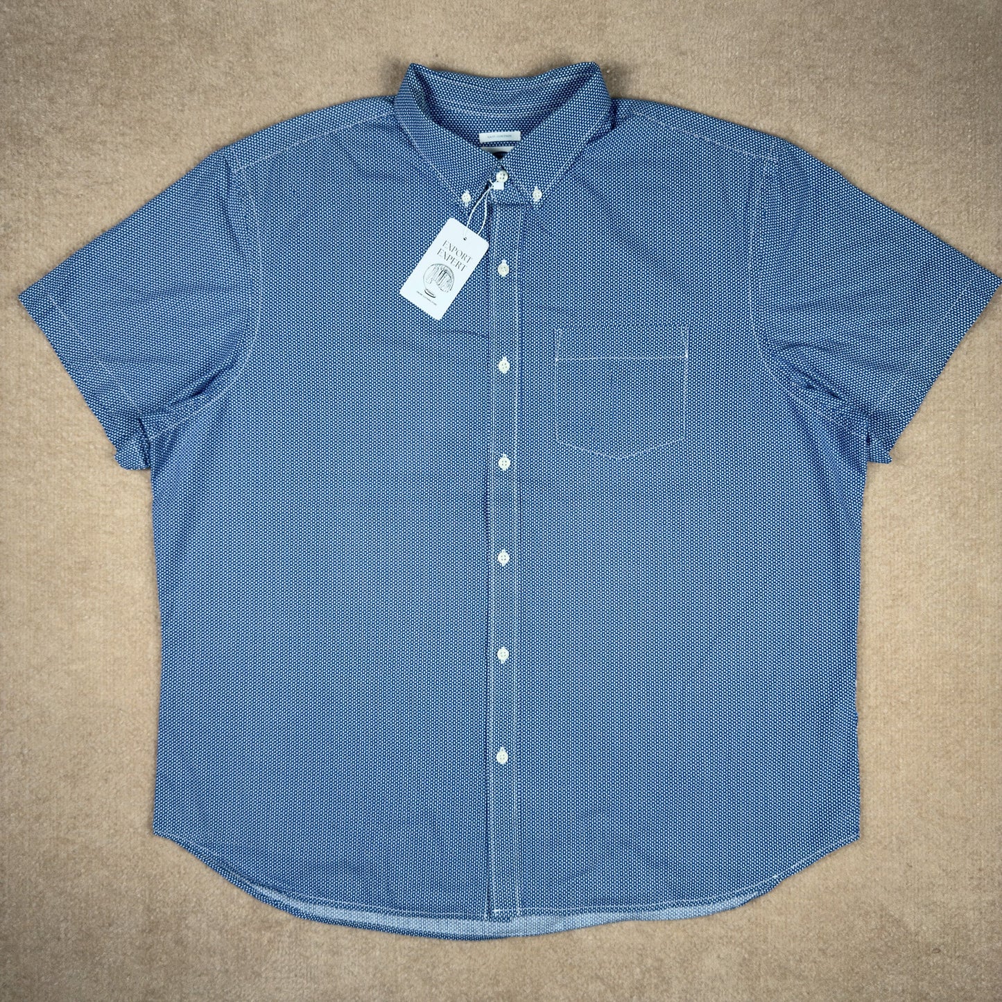 Flat lay of Old Navy navy micro dot short sleeve shirt – size XXL slim fit