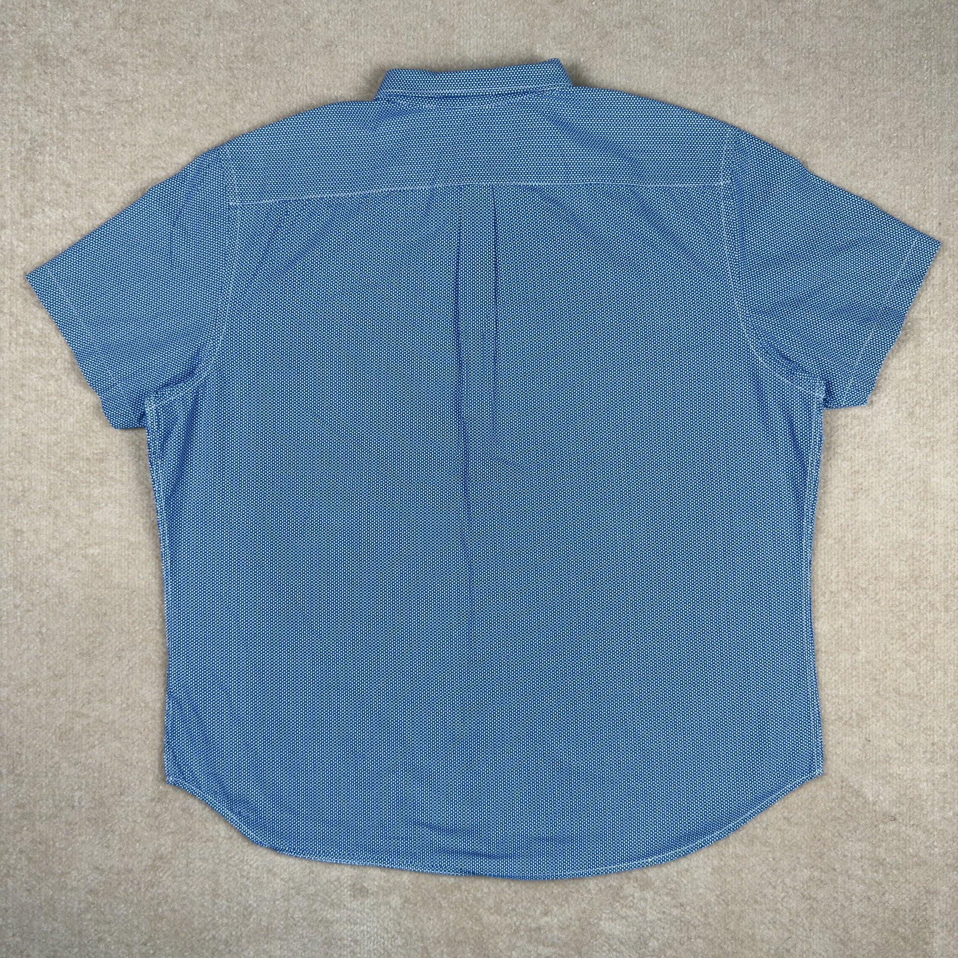 Back view of Old Navy short sleeve navy shirt with micro dot pattern