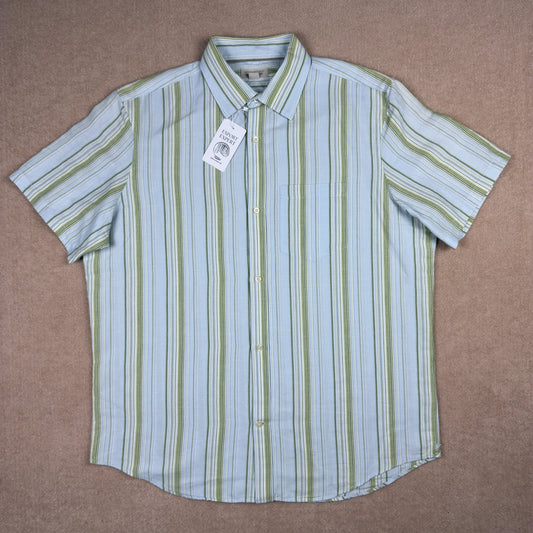 Flat lay of Banana Republic striped short sleeve shirt – light blue and sage green – XL