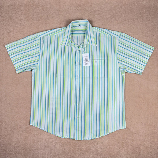 Flat lay of Export Expert striped cotton shirt in aqua and lime – XL